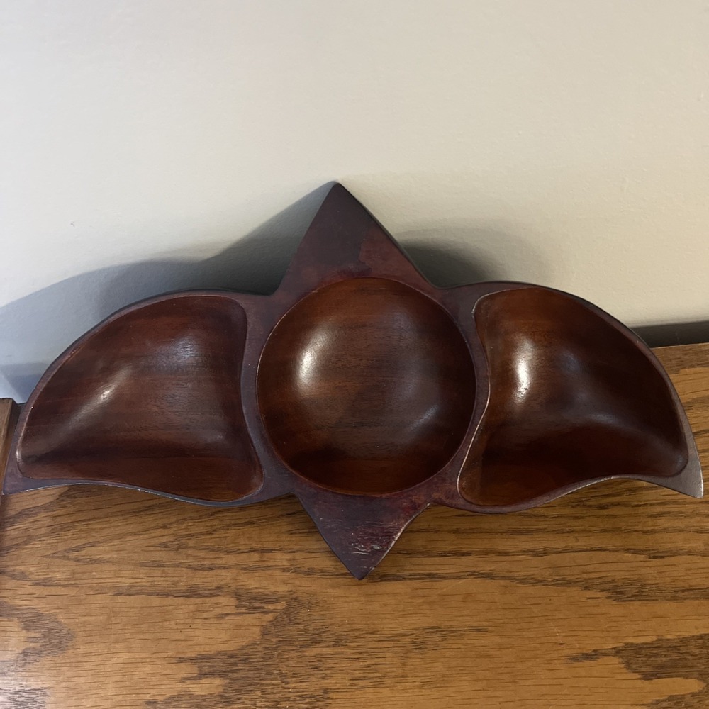 Vintage Solid Wood Bowl‎ Divided Nut Dish Coin Tray Geometric MCM Rare Shape